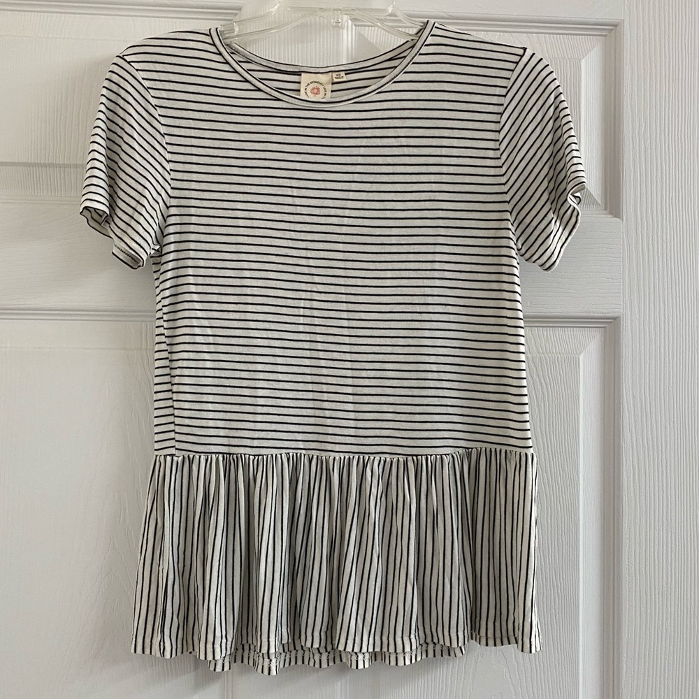 SUPER Soft Short Sleeve Striped Stretchy T-Shirt Peplum Ruffle Hem Sz XS